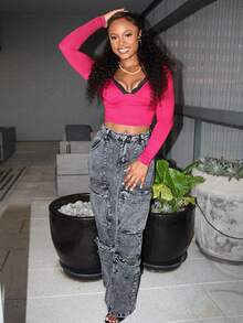 Steph T Quần jeans ống rộng cotton rộng thùng thình cho nữ, thiết kế gợi cảm, quần cargo cho nữ, quần hồng nóng bỏng, quần dạ hội, quần jeans rộng thùng thình, quần jeans nữ rộng thùng thình, quần jeans cạp trễ - Màu xám đen - Xem 2