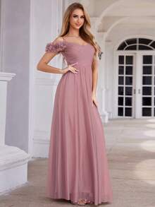 Flower Off Shoulder Strap Pink Bridesmaid Dress With Backless Design Elegant Sparkly Dress Wedding Guest Gown For Wedding Formal Gown Semi Formal Dress