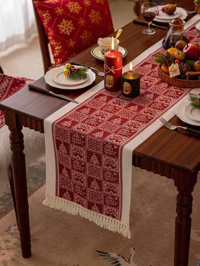 1 件圣诞红色防水桌旗，礼盒图案带流苏装饰，时尚斯堪的纳维亚风格仿亚麻桌布，适用于餐桌、客厅、家居装饰、节日礼物和派对装饰，多种尺寸可选