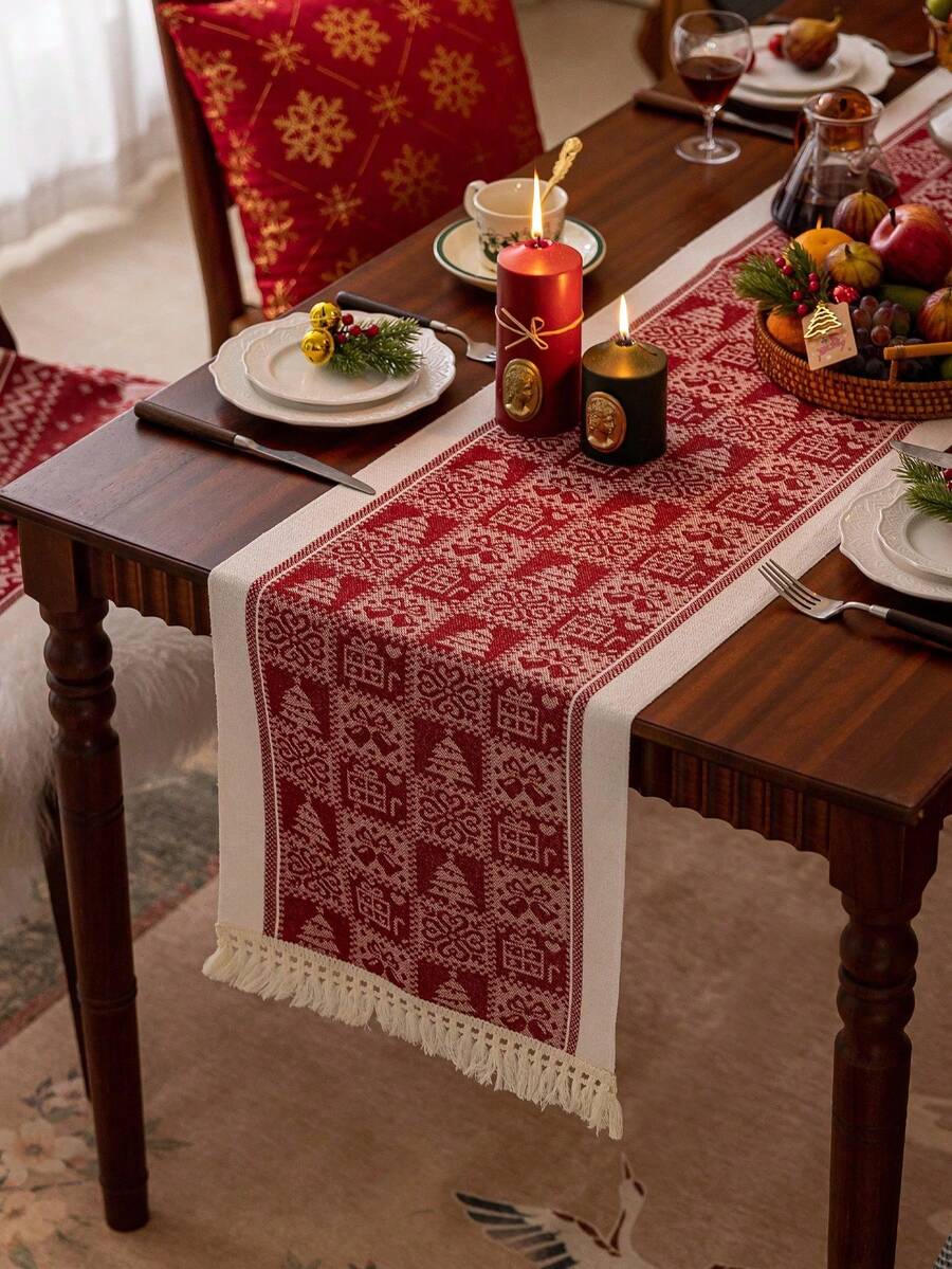 1 件圣诞红色防水桌旗，礼盒图案带流苏装饰，时尚斯堪的纳维亚风格仿亚麻桌布，适用于餐桌、客厅、家居装饰、节日礼物和派对装饰，多种尺寸可选 - 紅色 - 查看 1