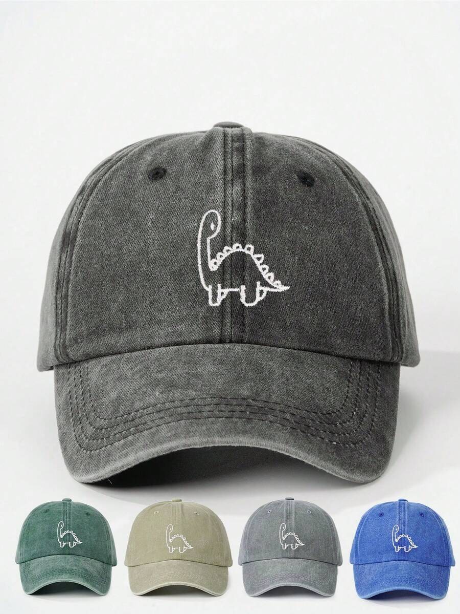 1顶幼儿/小男孩做旧水洗儿童棒球帽，绣有恐龙图案，骨头形状帽檐，适合所有季节