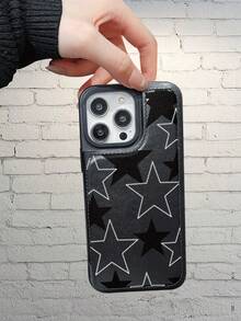 Star Pattern Leather Card Holder Mobile Phone Case, Black Leather Texture Mobile Phone Case, Suitable For Apple 12/13/14/15/16/17 Pro Plus Promax Series And Sumsung S22/S23/S24/S25 Plus Ultra - 黑色 - 查看 5