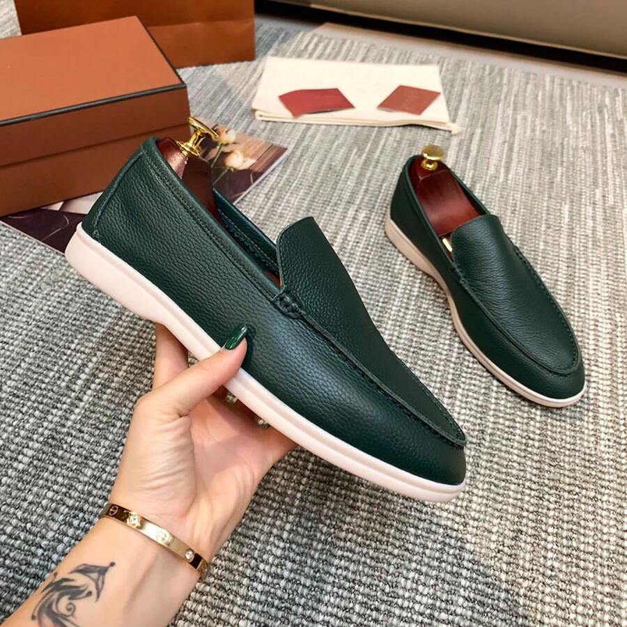 New Men's Loafers Slip-On British Style Comfortable Slip-On Flat Couple Shoes Sneakers Men - 墨綠色荔枝紋 - 查看 1