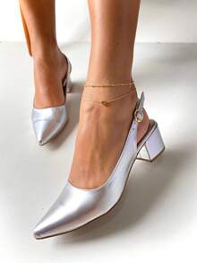 Elegant Block Heel Sandal With Pointed Toe And Open Back In Metallic Silver - Silver - View 2
