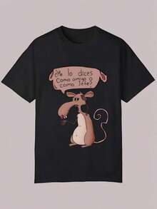 Camiseta de algodón puro para hombres de verano, una camiseta estampada interesante, de estilo unisex, funciona como atuendos para parejas. - Negro - Ver 1