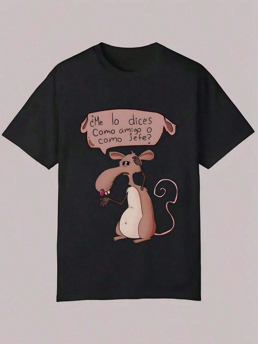 Camiseta de algodón puro para hombres de verano, una camiseta estampada interesante, de estilo unisex, funciona como atuendos para parejas. - Negro - Ver 1