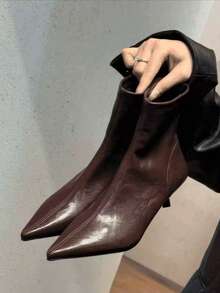 2025 高跟尖头棕色绒面细跟踝靴，女鞋，2025 年秋冬新品，小猫高跟鞋 - 棕色 - 查看 8