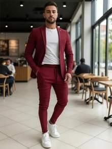 Men's Set Blazer Pants Slim Suit Formal Fashion - Maroon - View 5