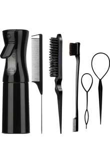 4pcs Spray Bottle And Hairbrush Set, 1 Spray Bottle + 1 Pointy Tail Comb + 1 Eyebrow Brush + 1 Fluffy Comb, Hair Brush For Boys And Girls, Comb Brush For Wet And Dry Curls, Parting Brush, Brush For Coarse And Fine Hair Treatment, Makeup, Black Five Set, Christmas Set Back-To-School Season