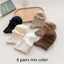 1/3/6 Pairs Mid-Calf Socks For Women, Ruffled Trim & Floral Pattern, Versatile For Spring, Fall & Winter - Multicolor - View 9