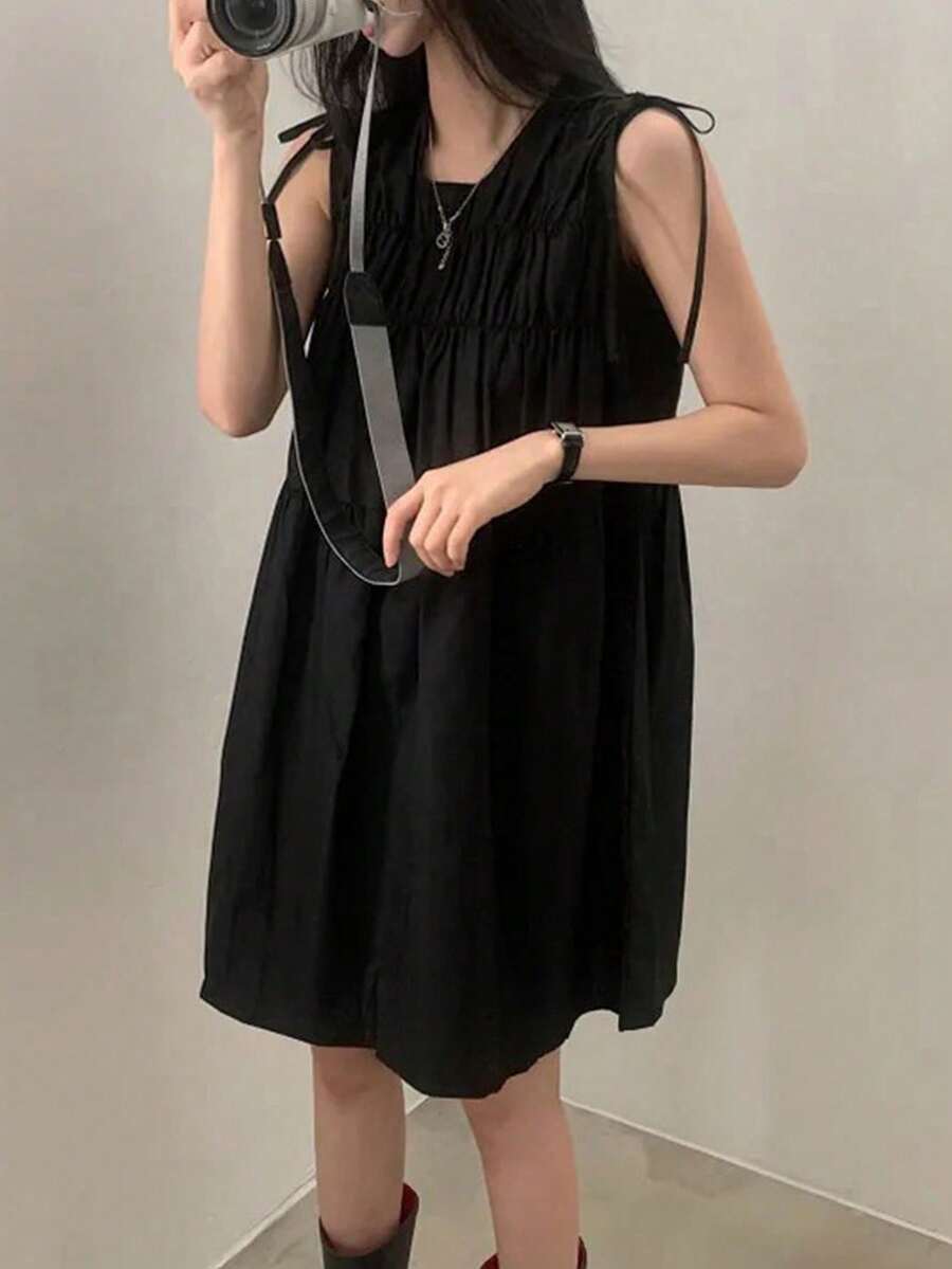 小码女士复古褶皱蝴蝶结无袖露背迷你连衣裙，夏季优雅黑色 - 黑色 - 查看 1