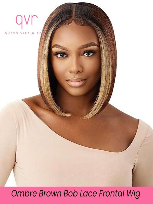 QVR QUEEN VIRGIN REMY Peluca Bob de encaje frontal con ombre marrón y raya blanca, peluca de cabello humano con encaje frontal transparente sin pegamento y cierre de 4x4