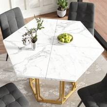Hexagonal Marble Table (1 Piece) Hexagonal Kitchen Table Breakfast Table Metal Legs Marble Pattern Gold - Gold - View 10