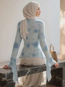 Muslimah Blouse,Bell Sleeve Blouse,Ladies' Elegant Temperament And Fashionable Shirt,Blue Top - Baby Blue - View 3