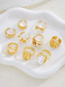 9pcs/Set Fashion Minimalist Elegant Delicate Vintage Design Geometric Strap Asymmetrical Ruffle Texture Faux Pearl Bow Smooth Minimalist Plain Circle Hollow Design Exaggerated Wide Band Ring Set, Suitable For Holiday, Party, Date, Gift, Daily Wear