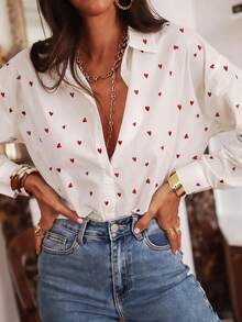 Plus 女式心形印花纽扣长袖翻领衬衫 - 紅色 - 查看 3