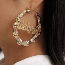 Hip Hop Bamboo Hoop Earrings For Women Stainless Steel Old English Letter Pendant Necklace 80s/90s Costume Accessory Party Jewelry Set - Alayer金色調 - 查看 5