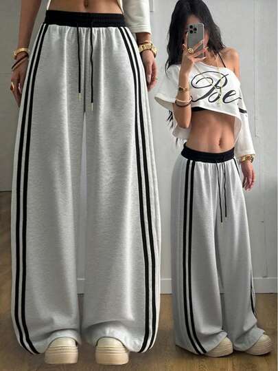 秋冬新款撞色抽绳宽松休闲裤，美式高腰直筒侧条纹口袋阔腿运动裤拼接宽松舞蹈运动裤
