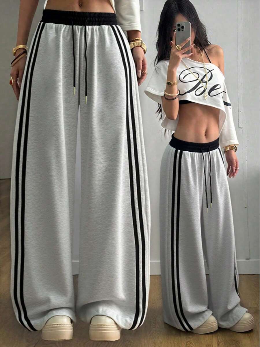 Autumn/Winter New Contrast Color Drawstring Relaxed Casual Pants, American High Waist Straight Leg Side Stripe Pocket Wide Leg Sweatpants Patchwork Slouchy Dance Sports Sweatpants - 灰色 - 查看 1