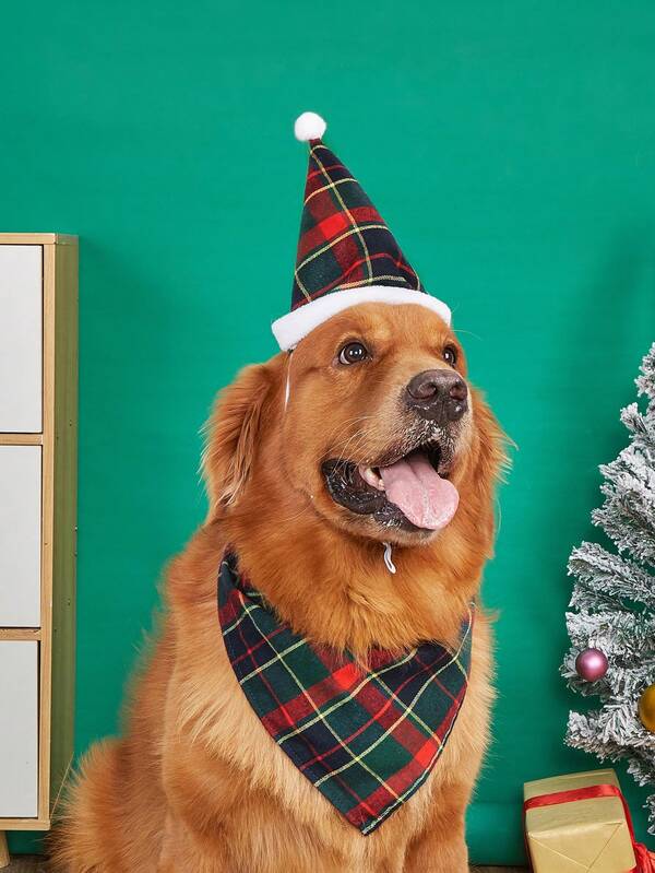 Plus Size Christmas Pet Hat, Plaid Pet Bib, Christmas Pet Decorative Hat Suitable For Medium & Large Dogs