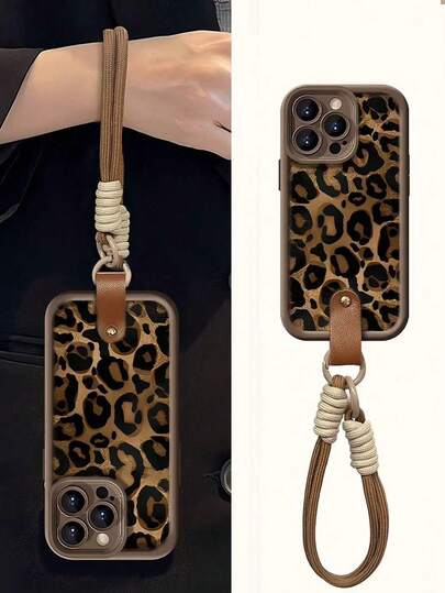 Minimalist Luxury Thick Anti-Drop Wrist Strap Leopard Print Phone Case Compatible With Apple IPhone And Phones