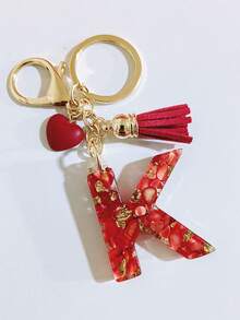 26 Choices Red Epoxy First Initial Letter Keychain, Cute Heart Tassel Keychain, Fashion Bag Accessory Wallet Charm Pendant, Party Favors, Suitable As Gifts For Friends - Beige - View 4
