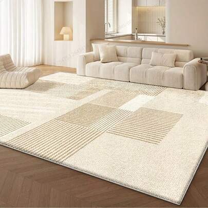 Alfombra de área de lujo lavable - Suave, antideslizante, diseño geométrico abstracto, tonos vibrantes beige y marrón, adecuada para la decoración de la sala de estar, el dormitorio o la oficina, alfombra de área mullida moderna para el hogar