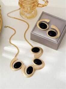 5pcs/Set Fashion European And American Exaggerated Black And White Necklace, Earrings, Bracelet, Ring Jewelry Set, Faux Pearl Decorative Design Accessories