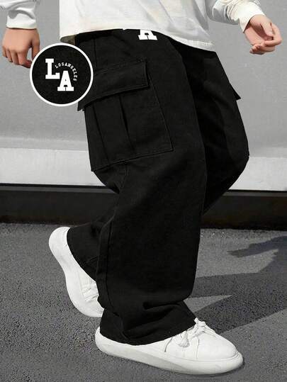 1 قطعة بنطال رياضي مستقيم الساق للأولاد، لون أحادي، بسيط، مريح للاستخدام في الأنشطة الخارجية