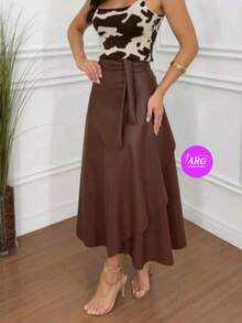 Wrap Skirt In Leatherette With Elastane - Rust Brown - View 2