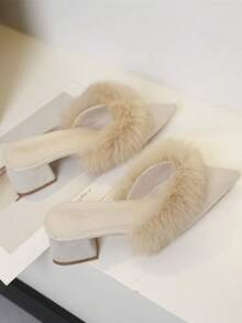 Women's Beige High Heel Mules, Fashion Fluffy Fluffy Slip-On Pointed Toe Block Heel Backless Slides, Spring/Autumn New Style, Party Outfits - Beige - View 15