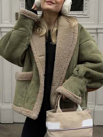 1件女式复古翻领宽松人造毛皮羊毛混纺夹克