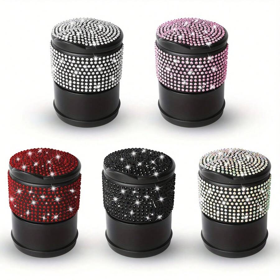 Car Interior 1 Shiny Diamond Ashtray, Charming Bling Flashing Crystal Car Ashtray With Cover-Portable Office And Family Car Ashtray-Durable ABS, Decorated With Sparkling Rhinestones, Creative And Fashionable Lady Design - 1pc - View 1