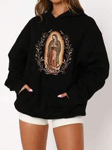 Our Lady Of Guadalupe Virgin Mary Hoodie, Mother Hoodie, Latina Hoodie Gift For Catholic Mom, Vintage 90s Y2K - Soft, Breathable Crew Neck, Lightweight & Comfortable Casual Summer Wear, Women's Tops, White - Black - Hoodie - 查看 2