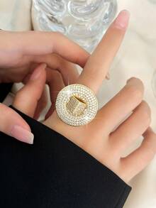 1pc Exquisite Large Round Zirconia Gold Ring, Luxury Exaggerated Geometric Adjustable Ring, Suitable For Women's Wedding, Engagement, Anniversary Gift - Yellow Gold - View 9