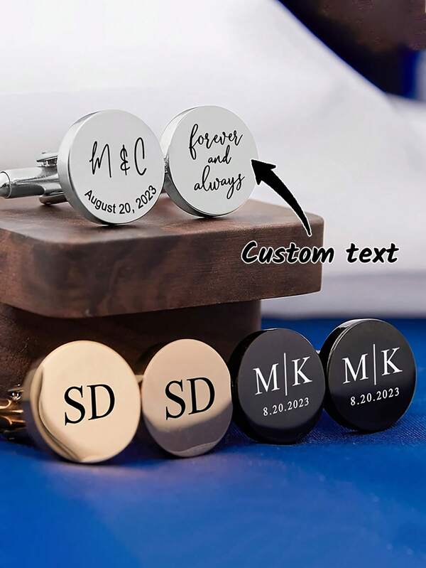 2pcs Personalized Name Cufflinks, Stainless Steel Groomsmen Cufflinks, Minimalist Style For Men's Suit Shirt, Suitable For Daily, Birthday, Business, Party, Wedding, Christmas Gift For Him