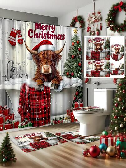 1pc/4pcs Christmas Yaks Printed Shower Curtain Set, Multi-Color Background Pattern Shower Curtain, Modern Bathroom Decoration, Waterproof Fabric Shower Curtain Set With 12 Hooks, Non-Slip Bathroom Carpet, U-Shaped Toilet Mat, Toilet Seat Mat, Bathroom Decoration