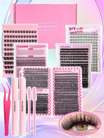 5 Boxes (5x Individual Lash Kits) - Low-Allergy Eyelash Extensions With Bond & Seal, D Curl 10-16mm Natural Volume Lashes, Tweezers, Lash Brush & Remover - Pre-Made DIY Cluster Lashes For Daily, Party, Wedding, Casual Attire - Long-Lasting Adhesive For Sensitive Light Beige - At-Home Salon Use - Complete Lash Application Kit With 0.07mm Ultra-Thin Lashes In Mixed Styles (Natural, Volume Dramatic) - Includes 5 Boxes Of 10-12mm, 13-15mm,