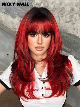 NICKY WALL Gorgeous-22 Inch Layered Red Wigs For Women Long Wave Wigs With Bangs, High Density Fluffy Synthetic Heat Resistant Fiber Hair, Goth Costume Wig For Christmas Cosplay Wear-Cheap Stuff, Music Festival Party Use