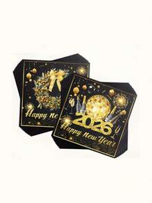 20张/5张 2026新年花环香槟餐巾纸，新年快乐派对用品，黑色和金色，双层一次性纸巾，适用于圣诞节、新年派对装饰、节日装饰、餐桌装饰、餐厅装饰、婚礼和庆祝活动。 - 彩色 - 查看 9