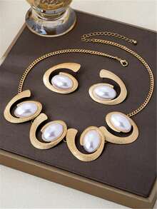 5pcs/Set Fashion European And American Exaggerated Black And White Necklace, Earrings, Bracelet, Ring Jewelry Set, Faux Pearl Decorative Design Accessories