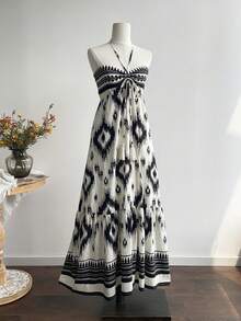 Rusttydustty Women's Black Print Halter Tie Neck Dress, Suitable For Music Festivals And Similar Occasions - Black - View 1