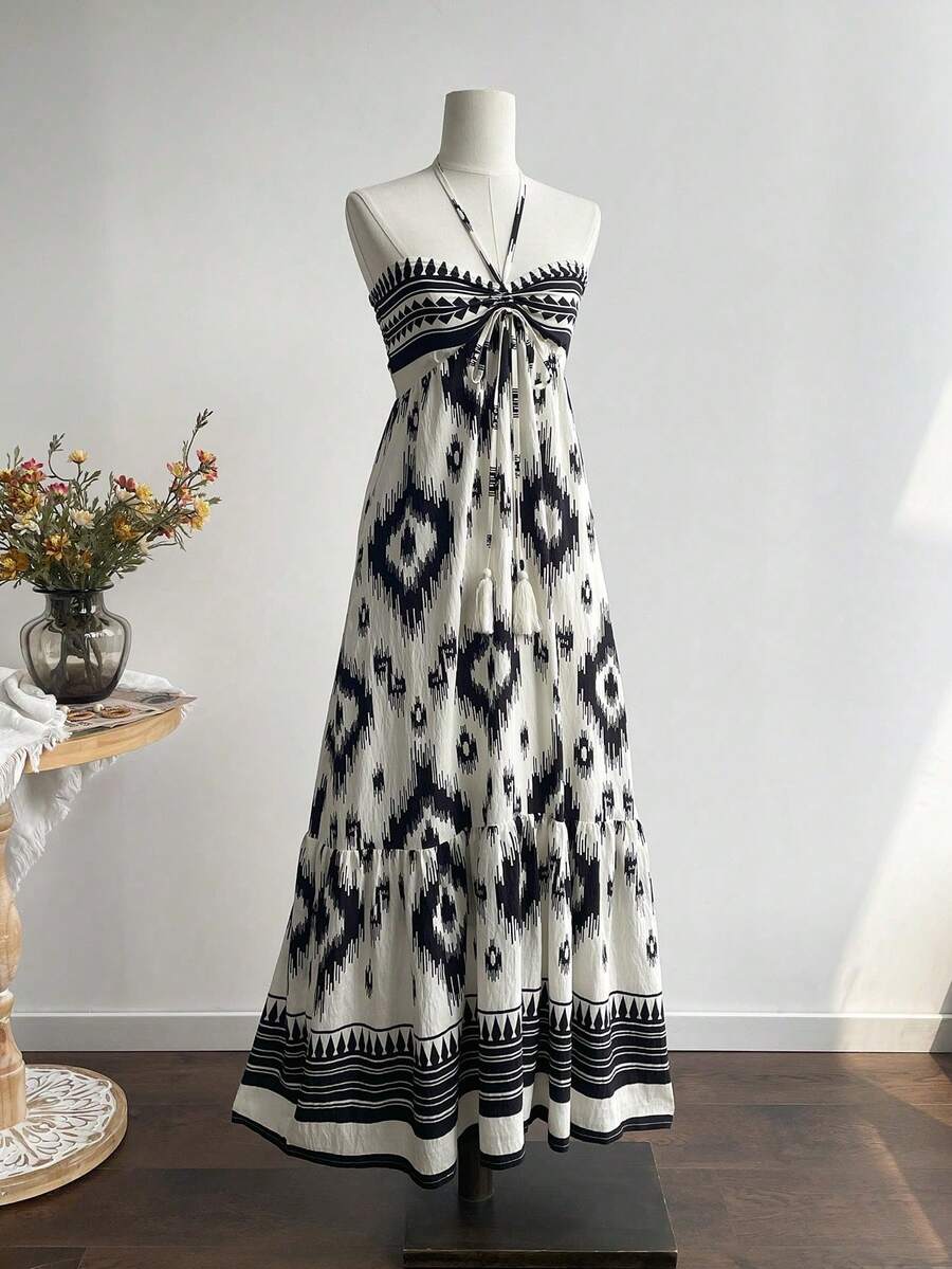 Rusttydustty Women's Black Print Halter Tie Neck Dress, Suitable For Music Festivals And Similar Occasions - Black - View 1