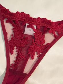 1sets Of 2 Pieces Ladies' Solid Color Embroidered Wheat Ear Heart Diamond Design Countryside Style Sexy Lingerie Underwear Set, Semi Transparent Hollow Design Thin Women's Bra And Pants, Simple And Comfortable Women's Two Pieces Set, Can Be Worn All Year Round - 酒紅色 - 查看 5