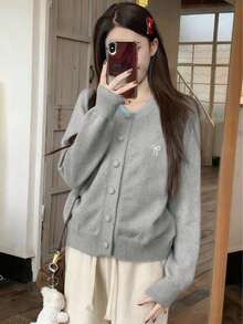 韩版设计红色蝴蝶结针织开衫，甜美少女风毛衣外套，秋冬新品 - 灰色 - 查看 2