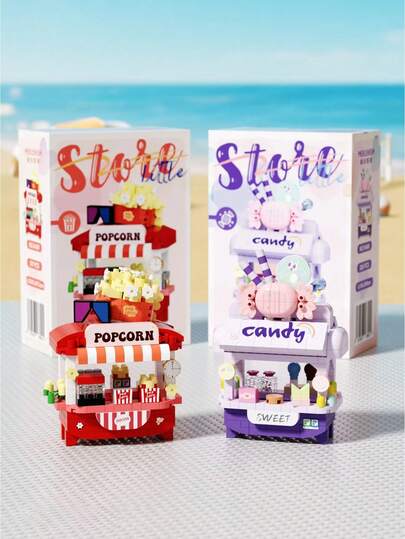 1 set de blocs de construction de scène de rue créative, boutique de collations sucrées, blocs de construction de rue alimentaire, comprenant une fleuriste, une boutique de ballons, une confiserie, un stand de pop-corn, une crèmerie, un café. Convient comme décoration de bureau et ornements mignons, cadeau d'anniversaire, cadeau de Noël, cadeau de fête, jouet pour filles, jouet mignon.
