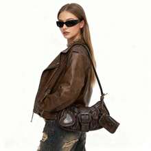 Dedoo 1个Y2K哥特风复古铆钉装饰方形单肩包，适合日常通勤，小众时尚设计，蒸汽朋克，哥特风，是酷女孩街头风格的理想之选，也适合音乐节、演唱会、摇滚风格、2000年代时尚、复古风。 - 棕色 - 查看 6