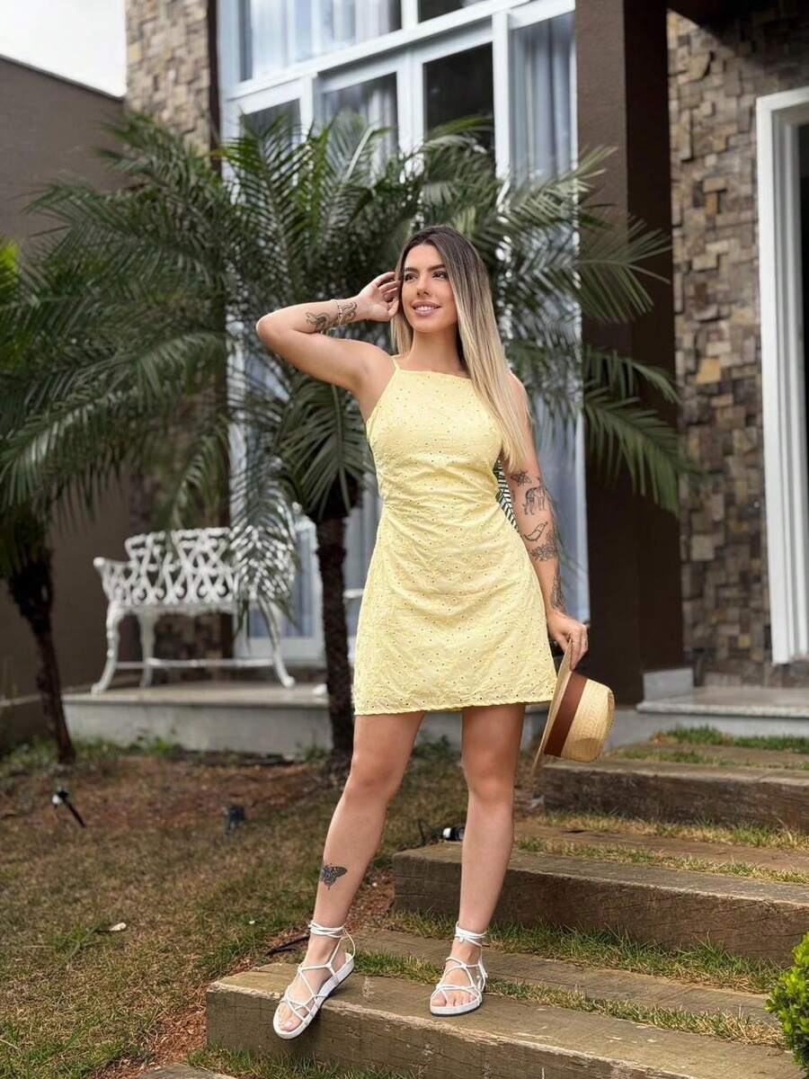 Short Laise Dress With Thin Straps - Màu vàng - Xem 1