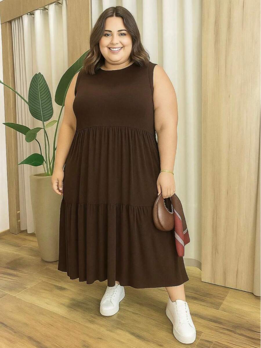 Tres Marias Midi Dress, Viscolycra Tank Top, 100% Cotton, Plus Size, Blogger Fashion, Comfortable, Loose - Rỉ Nâu - Xem 1