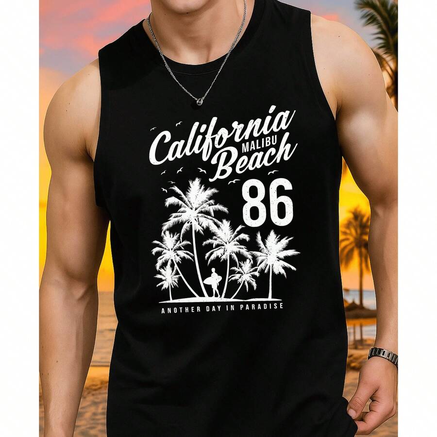 Men's California Malibu Print Tank Top Casual Everyday Lightweight Premium Cotton - 黑色 - 查看 1